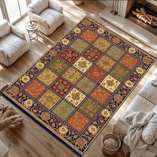 Alfombra de retazos, 100 x 160 cm, antideslizante, lavable a máquina, pelo corto, alfombra vintage para sala de estar, entrada, oficina, escritorio, mesita de noche, dormitorio, geométrico