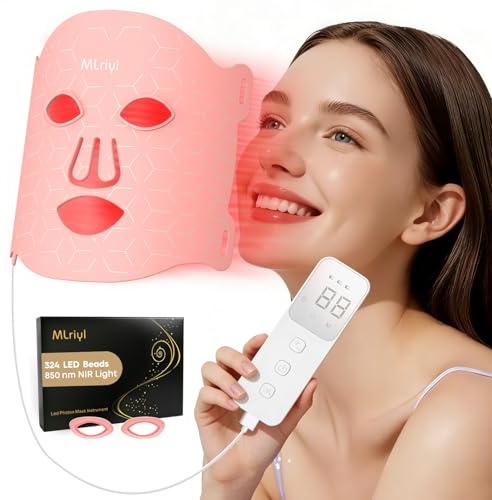 Mlriyl LED Face Mask 324 LEDs Red Light Therapy Mask, Calm Clear Looking Skin, 7 Light Modes & 3 Brightness Levels, Rechargeable Remote with 2000mAh Battery, Suitable for Both Home and Travel