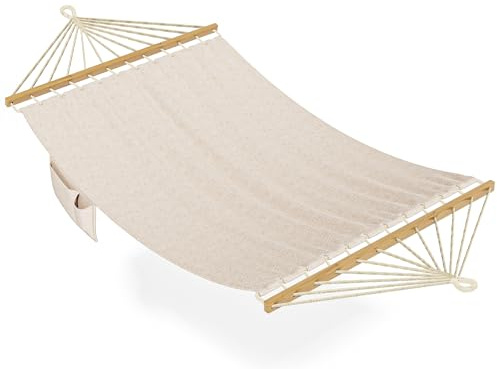Angchiluo Hammock for Outside, Double Hammocks Without Stand, 2 Person, Spreader Wooden Bar, Side Storage, for Outdoor, Indoor, Patio (Beige)