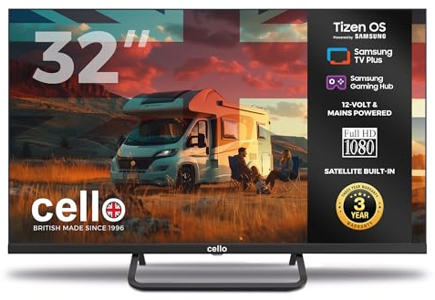 Cello CTRAV-32TZ Smart LED-TV 32 ramlös 12V med Tizen OS från Samsung, Gaming Hub, Pitch Perfect-högtalare, HDMI, Bluetooth, trippel tuner