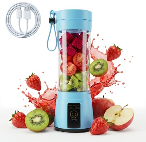 Mini mélangeur portable pour milkshakes et smoothies 380 ml avec 6 lames 3D améliorées rechargeable par USB pour salle de sport, bureau et extérieur, bleu