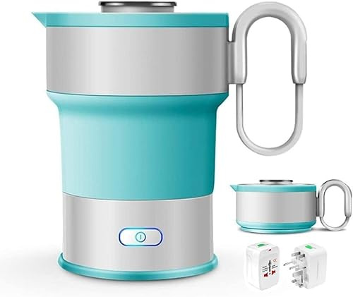 Mini hopfällbar vattenkokare, resevattenkokare, 0,6 l praktisk vattenkokare, dubbel spänning med botten i rostfritt stål 110-240 V, 8 cm höjd efter hopfällning