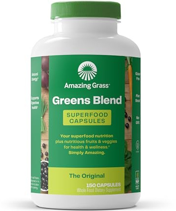 Amazing Grass Greens Blend Superfood Capsules: Super Greens with Organic Spirulina, Chlorella, Beet Root Powder, Digestive Enzymes & Probiotics, 150 Capsules (Packaging May Vary)
