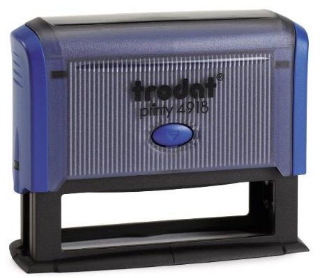 Trodat - Printy 4918 - Custom Stempel mit Wunschtext personalisieren, hier gleich online gestalten Gehäusefarbe blau – Adresstempel - Firmenstempel - mit Wunschtext – 70x15 mm - 4 Zeilen
