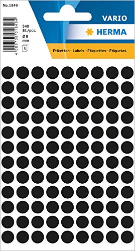 HERMA 1849 multifunktionsetiketter/runda färgade prickar (Ø 8 mm, 5 ark, papper, matt) självhäftande, permanenta märkningspunkter för handskriven märkning, 540 klistermärken, svart