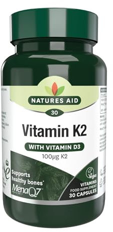 Natures Aid Vitamin K2 100mcg with Vitamin D3 – High Strength MenaQ7 Formula – Supports Bone Strength, Calcium Absorption, Muscle Function – Vegan, Gluten Free, Non-GMO – 30 Capsules