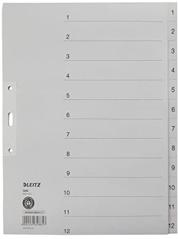 Leitz 1233-00-85 Zahlenregister - 1-12, Papier, A4 Überbreite, 12 Blatt, grau
