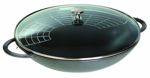 STAUB Gusseisen Wok, Ø 37 cm, Inkl. Glasdeckel und herausnehmbaren Gittereinsatz, für alle Herdarten inkl. Induktion, 5,7 L, Graphitgrau