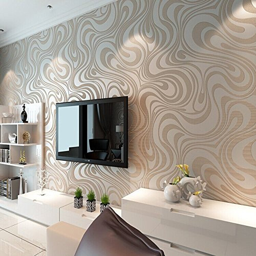 KeTian moderne luxuriöse abstrakte 3D-Kurventapete Vlies Beflockungsstreifen für Wohnzimmer/Schlafzimmer Tapetenrolle 0,7 m (2,29 'W) x 8,4 m (27,56 'L) = 5,88 ㎡ (63,11 m²) (cremefarben&silber&grau)