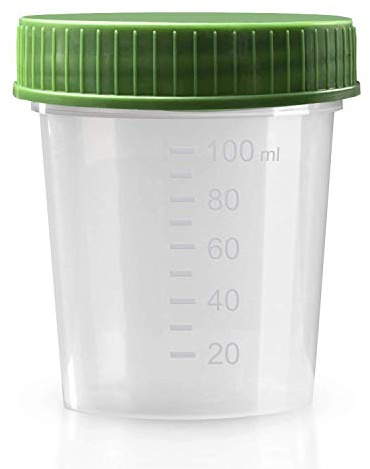 Urinbecher Premium Grün 500 Stück | 125 ml Fassungsvermögen bis 100 ml graduiert | auslaufsicherer und gefriertauglicher Urinprobenbecher mit Schraubdeckel | mattiertes Schriftfeld auf dem Becher