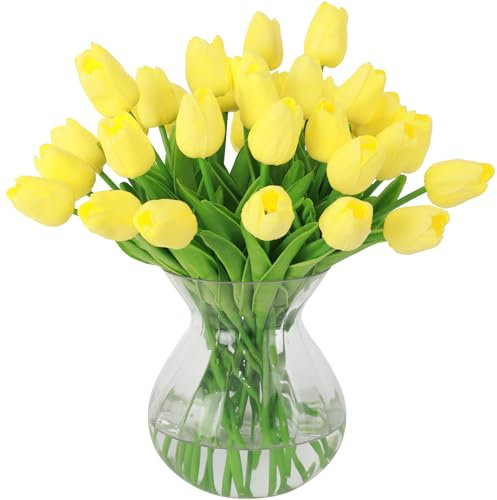 Nubry 30pcs Artificial Tulip Flowers Fake Real Touch Tulips Flower Bouquet for Wedding Arrangements Centerpieces Home Decoration (Yellow)