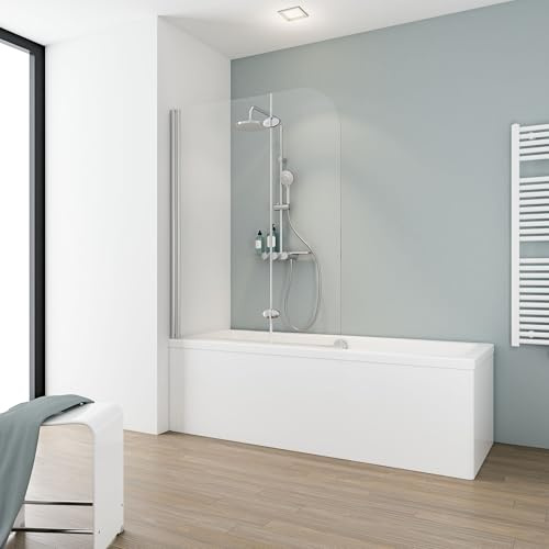 Schulte Duschabtrennung, faltbar für Badewanne, einfacher Aufbau, 113 x 140 cm, 5 mm ESG-Glas Klar hell, chromoptik, Scharnier Oval