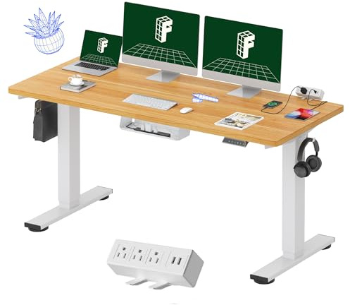 FLEXISPOT EN2 Whole-Piece Standing Desk with Clamp Power Strip, 60 x 24 Electric Stand Up Height Adjustable Desk with Cable Management (White Frame + 60 Maple Top, 2 Packages)