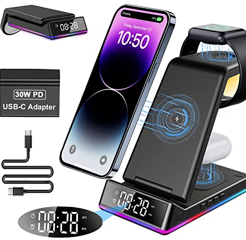 Wireless Charging Station, 3 in 1 Foldable Wireless Charger with 30W PD Adapter, [Alarm/Clock/Night Light] 15W Wireless Charger Stand Dock for iPhone 16/15/14/13/12/11,Samsung,Airpods,iWatch,Black
