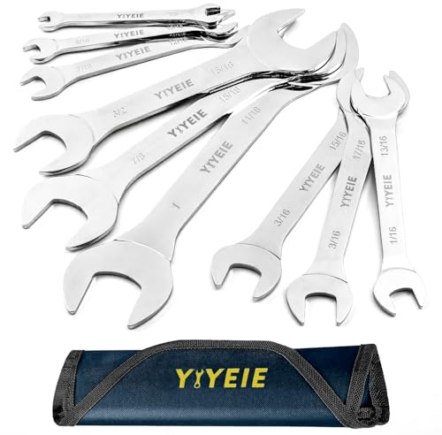 YIYEIE Super-Thin Open End Wrench Set, 9-Piece SAE, 1/4 to 1-1/16, Chrome Vanadium Steel With Mirror Polish, Ultra-Slim Wrench Set with Rolling Pouch