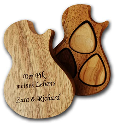 Personalisiertes Case aus Holz in Form einer Gitarre für Plektren mit Wunschgravur dein Name Text Plektrenhalter Aufbewahrung Box Plektrum (Case mit 9 Holz-Plektren)