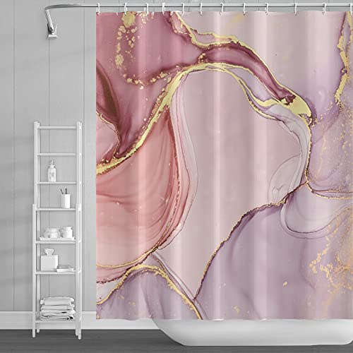 SDOTPMT 180x213cm Marmor Duschvorhang Gemischte Rosa Gradient Textur Goldenes Pulver Bad Vorhang Abstrakter glatter Wirbel Badewanne Vorhang für Badezimmer Dekor mit Haken