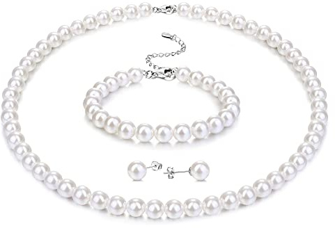 Morfetto Sterling Silber Perlenkette für Frauen Männer Weiße Runde Simulierte Muschel Perle Halskette Armband Ohrringe 8MM Choker Perle Halskette Set für Frauen Mädchen 16IN