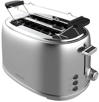 Cecotec Toast&Taste 1000 Retro Double Inox est un grille-pain vertical avec 2 fentes larges et courtes de 3,8 cm en acier inoxydable. Puissance de 980 W, des barres supérieures, puissance réglable