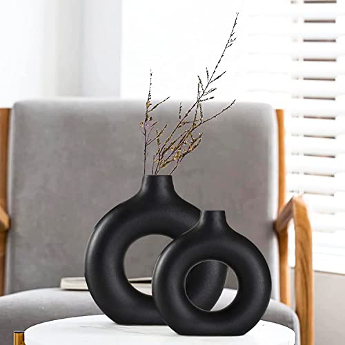 Keramik Vase, Schwarze Set of 2 Blumenvasen aus Keramik für Wohnungsdeko Trockenblumen Deko Vasen für Tischdecko mit Pampasgras, Zimmer Deko für Geschenk, Große Mittelgroße