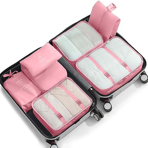 Set di 7 cubi da imballaggio per valigie, cubi da imballaggio con scarpe, cosmetici, abbigliamento e accessori, borse da viaggio, organizer per bagagli da donna, uomo (rosa)