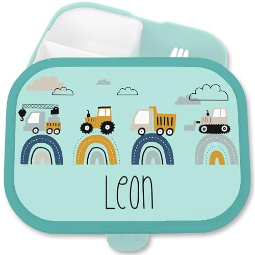 Kinder Campus für Mepal - Baustelle mit Name personalisiert Brotdose Bagger I Traktor I LKW I Kipper I Planierraupe I Kran - 750 ml - Türkis - schulkinder geschenke jungs lunchbox kindergarten