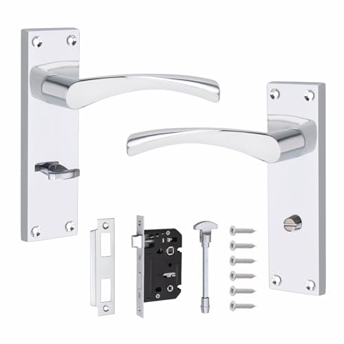 Golden Grace Astrid Scroll Bathroom Door Handles, Polished Chrome | Supplied with a 64mm mortise lock and durable zinc scroll handles on a 150mm x 40mm backplate for a complete bathroom setup.