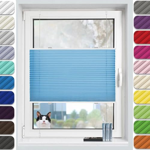 Pleated Roller Blind Clamp-On No Drilling, 60 x 110 cm Provides Instant Security, Privacy Blackout Pleated Blind with accessories, for Patio Doors Bedroom, Sky Blue