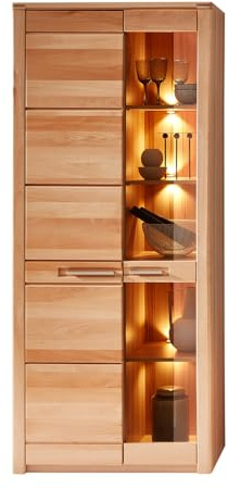 Lomadox Wohnzimmer Esszimmer Vitrine Vitrinenschrank Standvitrine Glasvitrine inkl. Beleuchtung, 85 cm breit, Front Kernbuche massiv