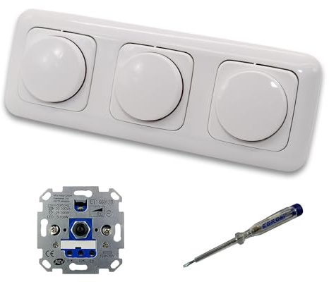 REV Ritter (3 Stück) LED Drehdimmer Dimmer + Busch Jäger Dimmerscheiben 2115-214 in ReflexSi alpinweiß glänzend im 3-fach Rahmen inkl. EBROM Phasenprüfer zur Montage der Geräte ET1 66012B