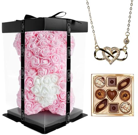 Infinity Flowerbox - Rosen Bär Geschenkset mit Infinity Kette & Pralinen im Set - 300 handbeklebte Rosen mit Duft - Geschenk für Frauen, zum Geburtstag oder Jahrestag (Gold, Bridal Pink Heart)