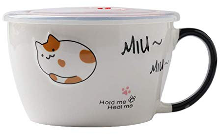 NEWNAN Bowl Creative Cute Ceramic Ramen Soup Bowl with Lid Home Salad Pasta Bowl Breakfast Oat Milk Cup 600ml Simple Tableware