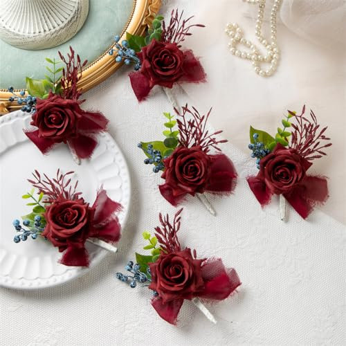 AUOTILY Künstliche Rosen, Ansteckblume für Bräutigam, Ansteckblume für Herren, Braut, Handgelenk, Ansteckblumen, Handblumen, Hochzeit, Party, Dekoration (Boutonniere, Weinrot), 6 Stück