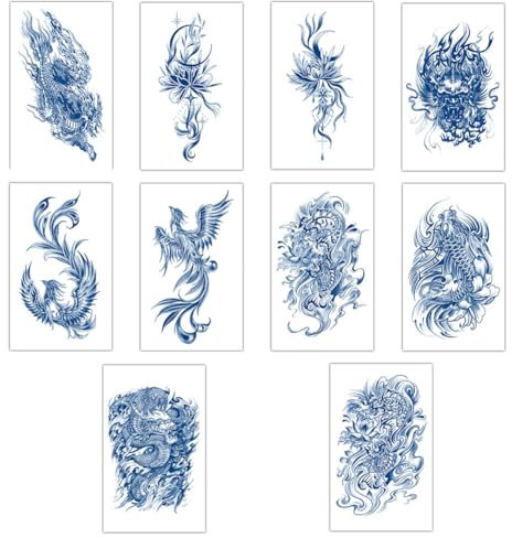 10 feuilles Tatouage Ephemere Autocollants, Fleur Dragon Phénix Tatouage Temporaire Autocollant, Autocollants de Tatouage semi-permanents à Base de Plantes Imperméables et résistants à la sueur,