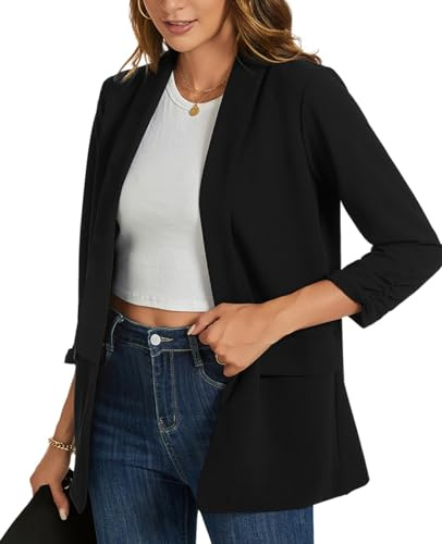 YOUNIFIZ Blazer de travail pour femme avec boutons sur le devant, revers ouvert sur le devant, veste légère à manches 3/4, blazer de costume avec poches, automne 2024, Noir , XXL