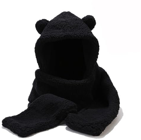 Bärenohr-Beanie-Mütze, Schal, 3-in-1-Kapuzenschal für Damen und Herren, Kawaii-Plüsch-Schal, Wraps mit Kapuze, Winter, warm, dick, Schwarz , 6 7/8-7 1/8