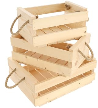 GoodFreshDecor Holzkiste Naturholz Set 3 Stück Kiste mit Griffen Seil Holzbox Ohne Deckel Geschenk Aufbewahrungsbox Gemüse Obst Wein 40 x 30 x 16 cm 25 x 25 x 16 cm 30 x 20 x 16 cm