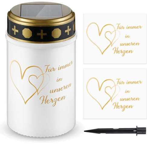 Nezyo 1 Lampada da Tomba Lampada Commemorativa Solare con 2 Adesivi Luci Solari per Tomba Candele Cimiteriali Candela Solareper Cimitero da Esterno Impermeabili(Bianco,Cuore)