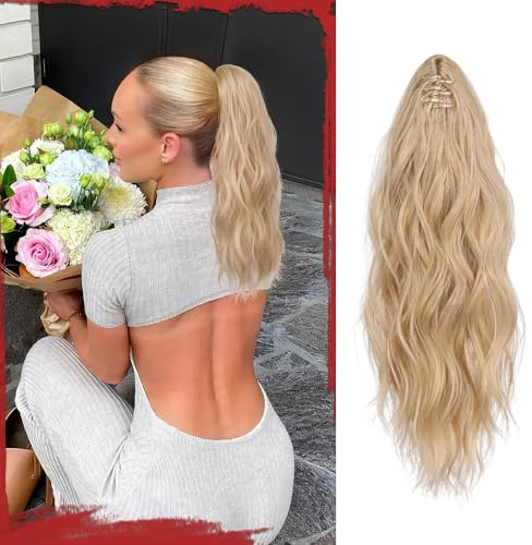 Sofeiyan Pferdeschwanz Haarteil mit Klammer, Lange Wellig Lockig Pferdeschwanz Zopf Extensions Synthetik Claw Clip in Haarteil Ponytail für Damen 41cm, Aschblond