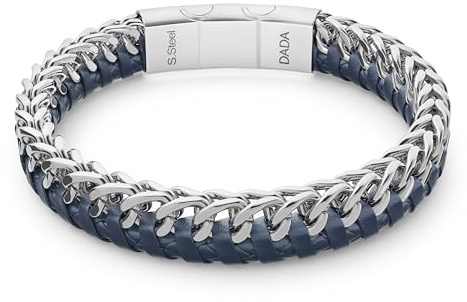 Dada Gioielli - Bracciale Uomo Acciaio Inox e Vera Pelle Impermeabile | Blu, Nero o Marrone, Idea Regalo Compleanno Chiusura Magnetica Regolabile