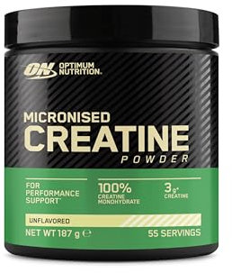 Optimum Nutrition Micronised Creatine Powder, 100% Pure Creatine Monohydrate Powder for Performance and Muscle Power, Unflavoured, 55 Servings, 187 g