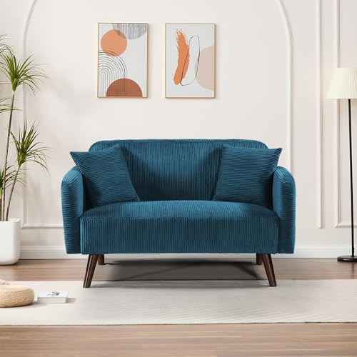 [en.casa] Divano a 2 Posti di Seduta con Rivestimento in Velluto a Corde Telaio in Legno Sofa Relax Imbottito con Braccioli Schienale e 2 Cuscini per Soggiorno Salotto - Blu