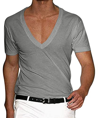 T-shirt à col en V profond pour homme - Col V - Invisible et respirant - Ourlet croisé - Muscle extensible - Gym - Entraînement - Manches courtes - Coupe basse, gris, L