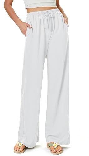 Glacspyg Damen Hosen Flowy Wide Leg Freizeithose Casual Beach Strandhose High Waisted Kordelzug Palazzo Hosen mit Taschen Weiß L