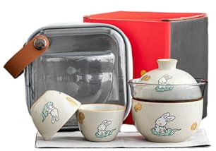 Golden Rabbit - Juego de té de viaje con dinero, cuenco individual portátil con tapa de vidrio para exteriores, una olla y tres tazas de ceniza para beber