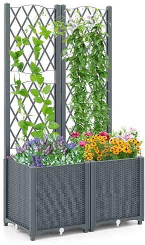 GOPLUS Blumenkasten mit Rankgitter, Hochbeet mit Spalier für Kletterpflanzen & Topfpflanzen, Tiefes Pflanzbeet mit Drainagelöchern für Balkon, Hinterhof & Garten (Grau,80 x 40 x 140 cm)