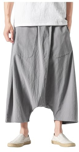 Mymyguoe Pantalon de yoga japonais doux pour hommes en soie glacée Hakama Kung-Fu Pantalon Hakama Kung-Fu en soie glacée pour homme avec ourlet large Wushu Kimono Chinois Pantalon baggy Hip Hop, Gris