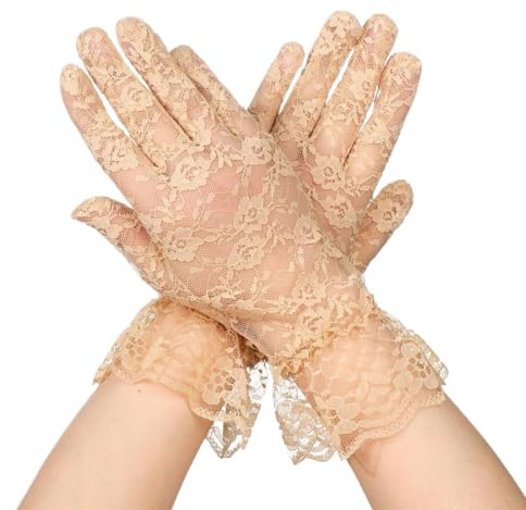 CULEO Guanti Donna Pizzo Corti - Manopole Formali Rete Beige per Matrimoni e Opera