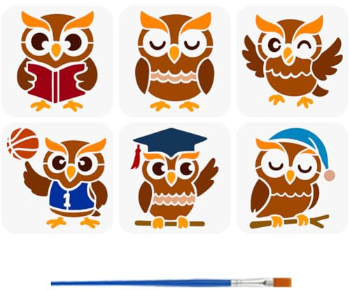 FINGERINSPIRE 6Styles Eulenmuster Schablonen Mit Einem Pinsel 15x15cm Cartoon Eulen Malschablonen Eulen Silhouette Zeichenschablonen Haustier Tierthemen Vorlage Zum Malen Auf Holz Wand Bodenfliesen