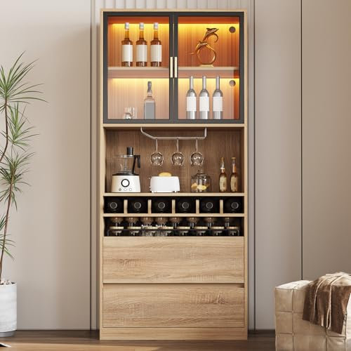 Neegaurd Weinschrank mit Weinregal, Küchenschrank Hochschrank aus Holz, Buffetschrank Küchenbuffet mit Glastür und 2 Schubladen, Vitrinenschrank für Wohnzimmer Esszimmer 180 x 40 x 80cm (Weiß)